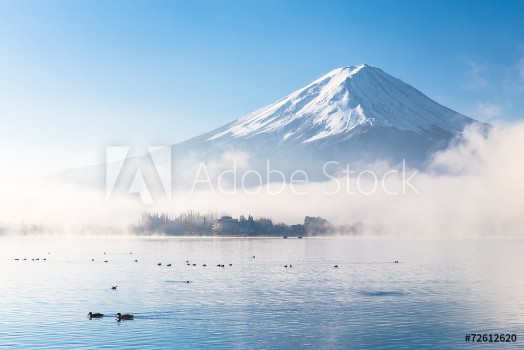 Picture of Mountain Fuji and Kawaguchiko lake with morning mist in autumn s